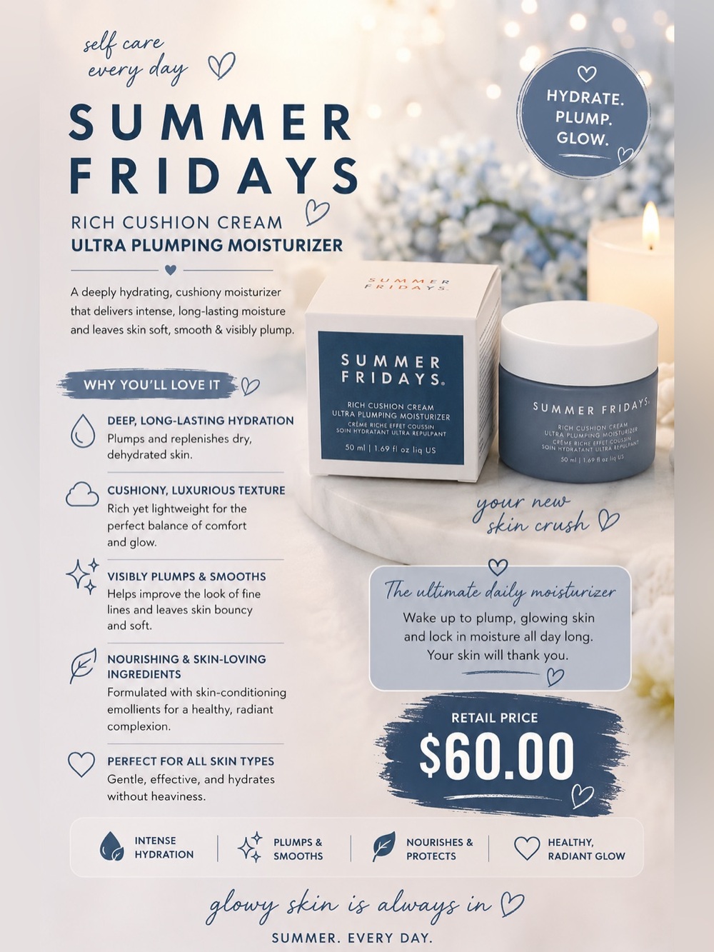 Summer Fridays Rich Cushion Cream Ultra Plumping Moisturizer - Blue and White